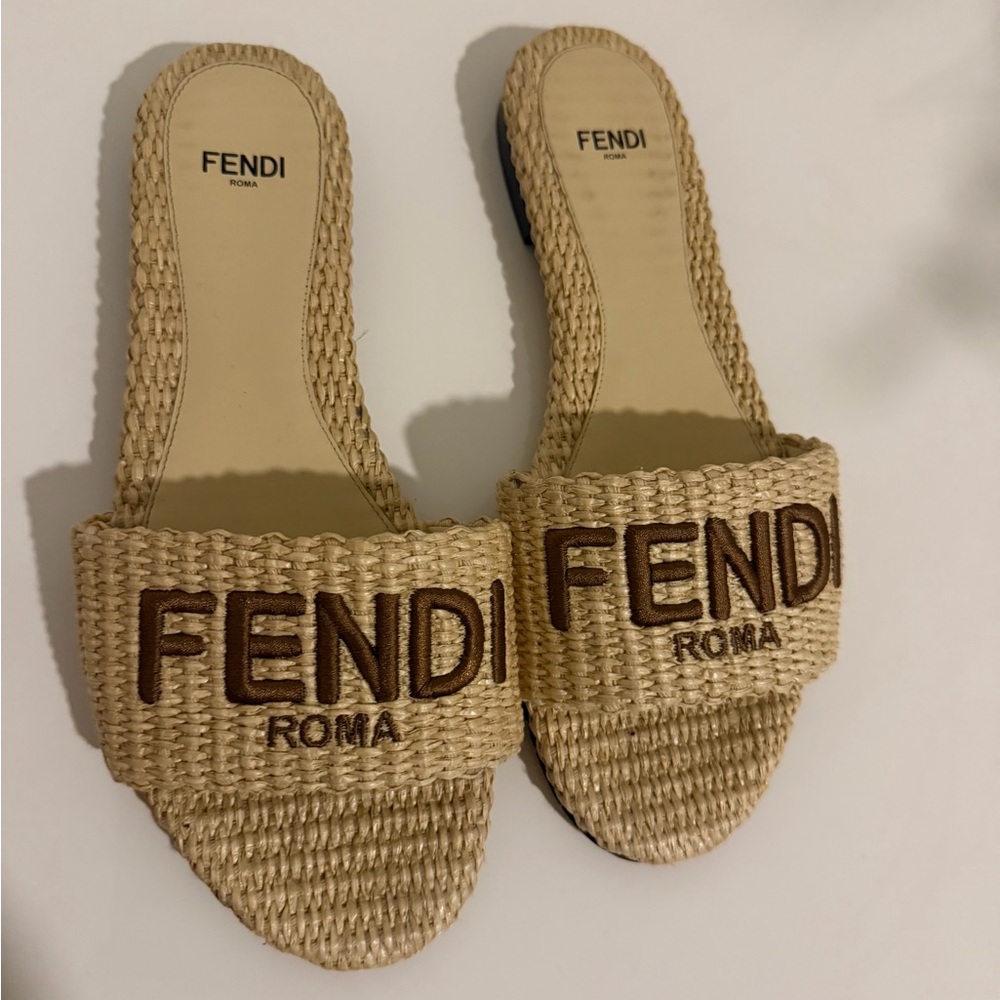 Fendi Beige Woven Logo Slide Mules